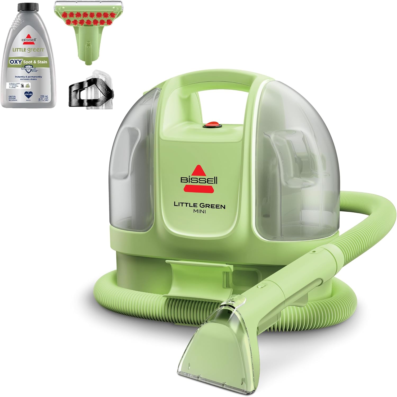 BISSELL Little Green Mini Portable Carpet Cleaner 4075 in Tea Green with stain tool, HydroRinse attachment and trial formula. Both tanks and the coiled hose are visible.